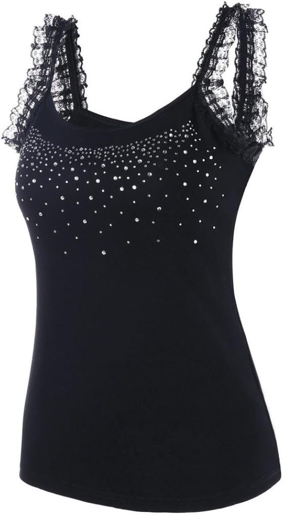 Fashion Cami Vest Womens Rhinestone Lace Insert Fitted Tank Tops Shirt Blouse Camisole