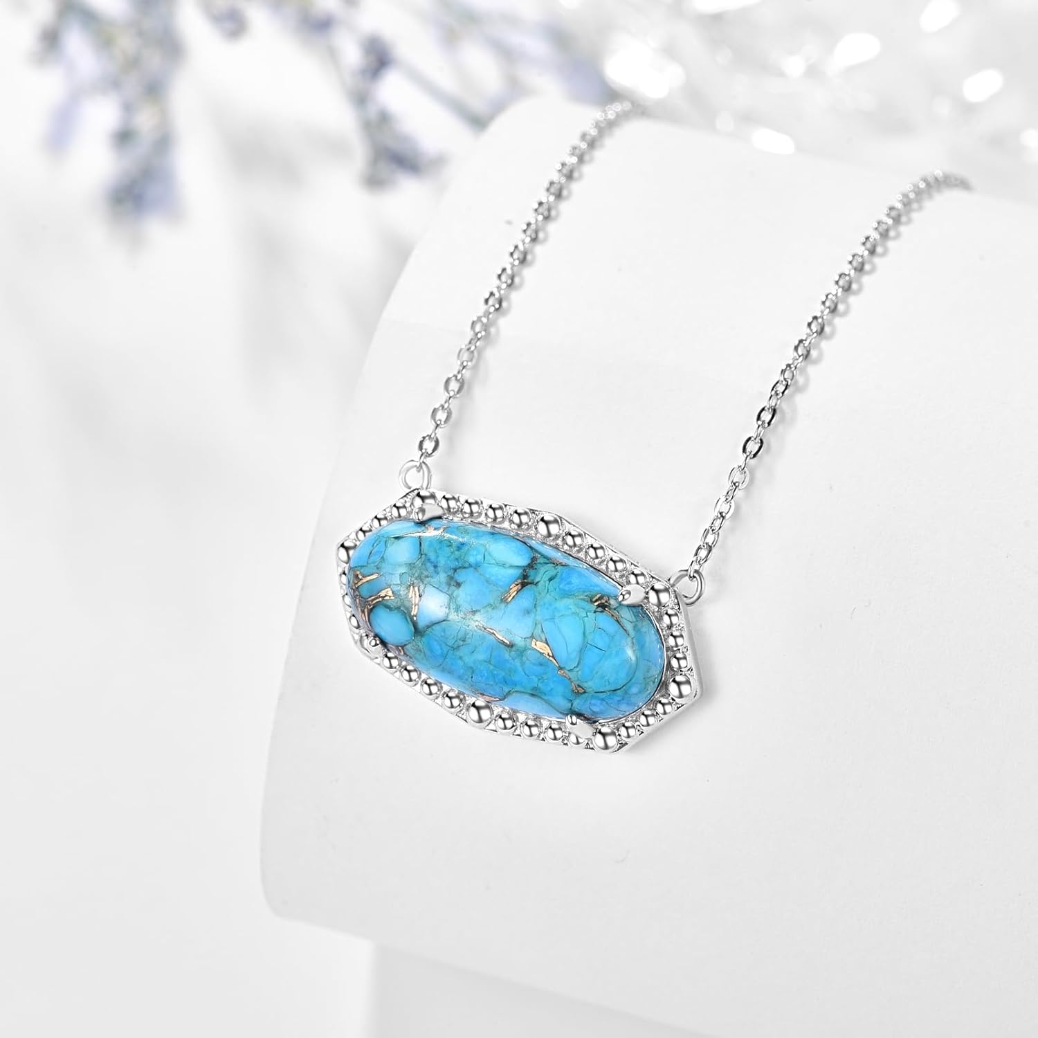 Oval Turquoise Necklace,S925 Sterling Silver Turquoise Necklaces for Women Sterling Silver Blue Gemstone Pendant Jewelry - Image 3