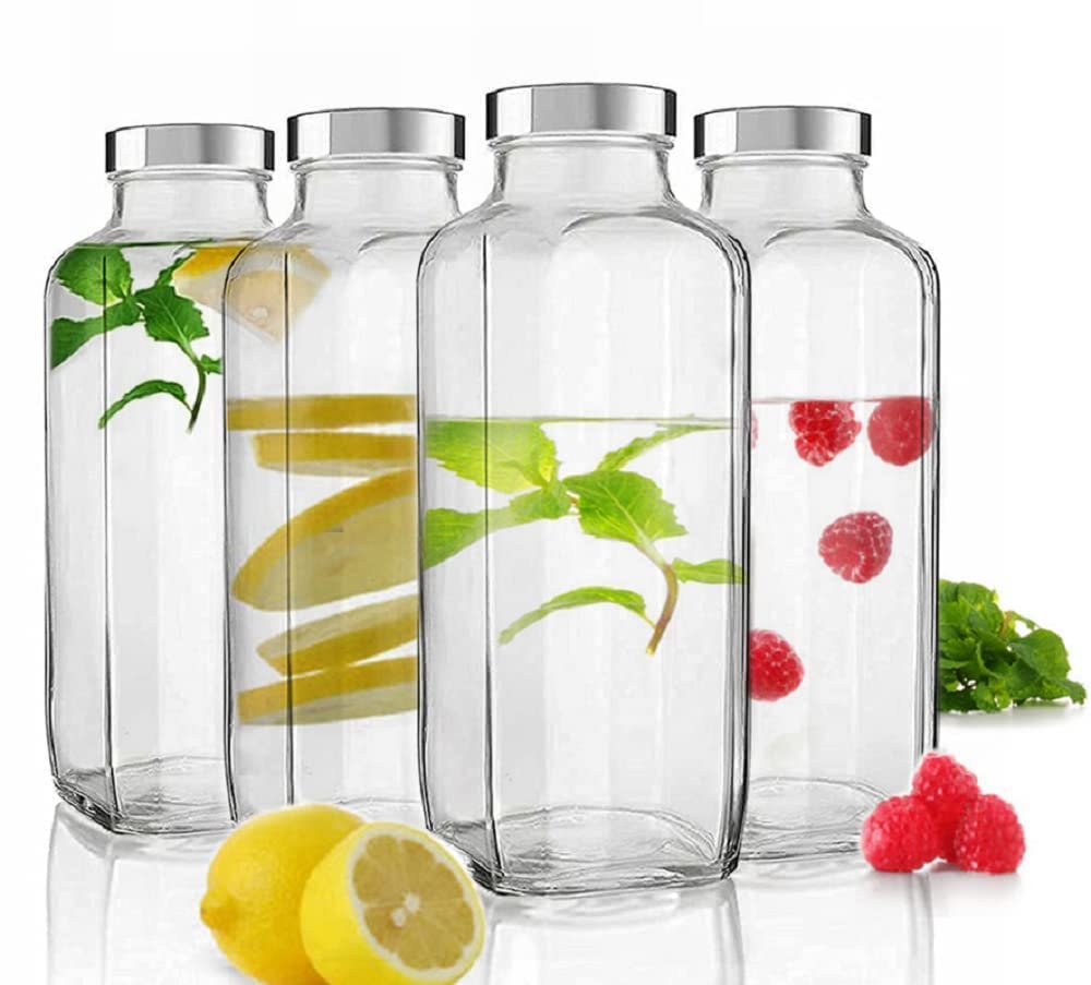 Brezzycloud Water Bottle with Leak-Proof Stainless Steel Lid - Water, Smoothie, Juicer and Beverage Glasses (Set Of 4, 1000ml French Square)