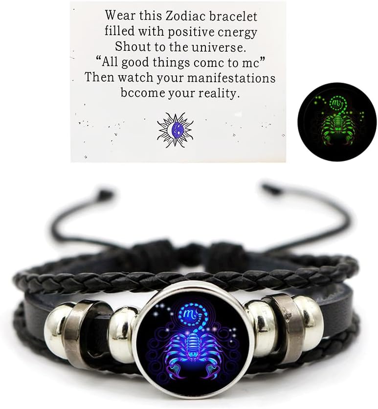 Zodiac Signs Spirit Bracelet Zodiac Bracelet for Women Men Adjustable 12 Constellation Bracelet Multilayer Zodiac Black Leather Bracelets Zodiac Sign Wrap Bracelet for Women Men Birthday Jewelry
