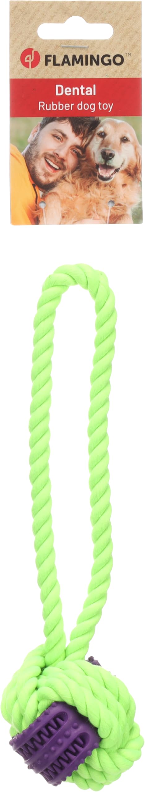 Flamingo TOY GROPA TUG ROPE + RUBBER BALL GREEN/PURPLE S 25x6,7x6,3CM