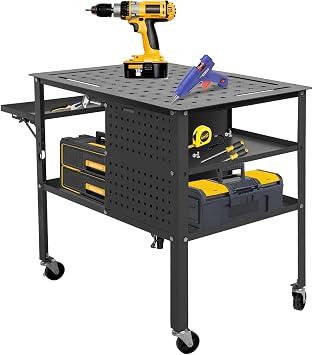 Welding Table 36" X 24", 1200 lbs Load Capacity Welding Work Bench on Wheels, Steel Work Table with Adjustable Shelves, Portable Workbench with Foldable Tray, Welding Cart for Welding Sawing