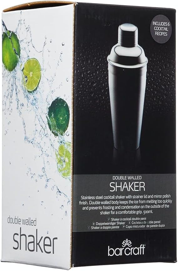 BarCraft Double-Walled Insulated Stainless Steel Cocktail Shaker with Recipe Leaflet, 500 ml (17.5 fl oz)