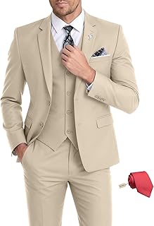 Mens Suit 3 Piece Set Slim Fit Wedding Groomsmen Suit for Men Two Buttons Suits Set Solid Jacket Vest Pants with Random Tie