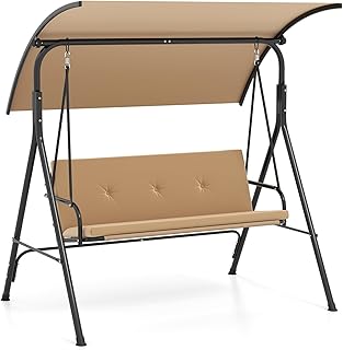 Tangkula 2 Person Porch Swing with Canopy &Cushions | Padded Seat & Backrest, Solid Metal Structure, Adjustable Canopy, Built-in Armrest, for Patio, Garden, Backyard, Outdoor