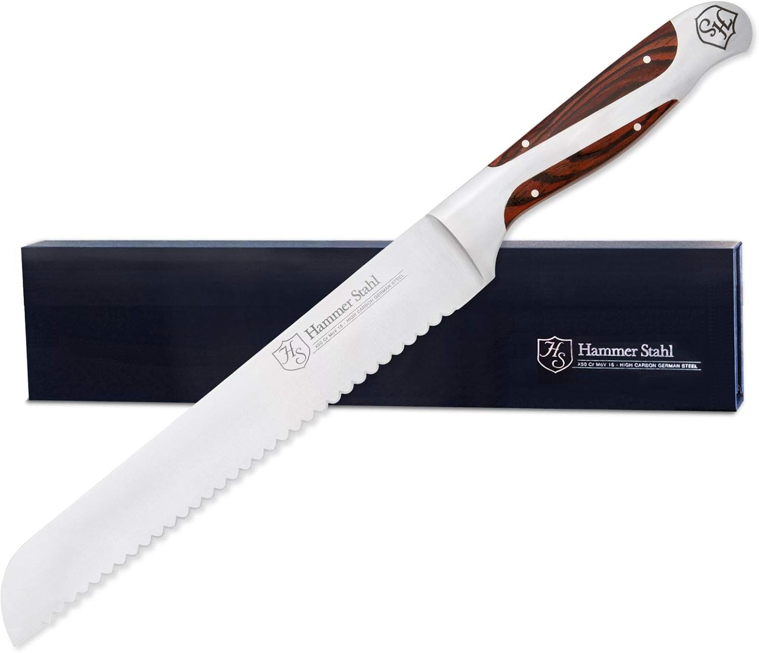 Hammer Stahl 8 Inch Serrated Bread Knife | High Carbon German Steel | Ergonomic Quad-Tang Pakkawood Handle | Scallop Edge Designed for Bread