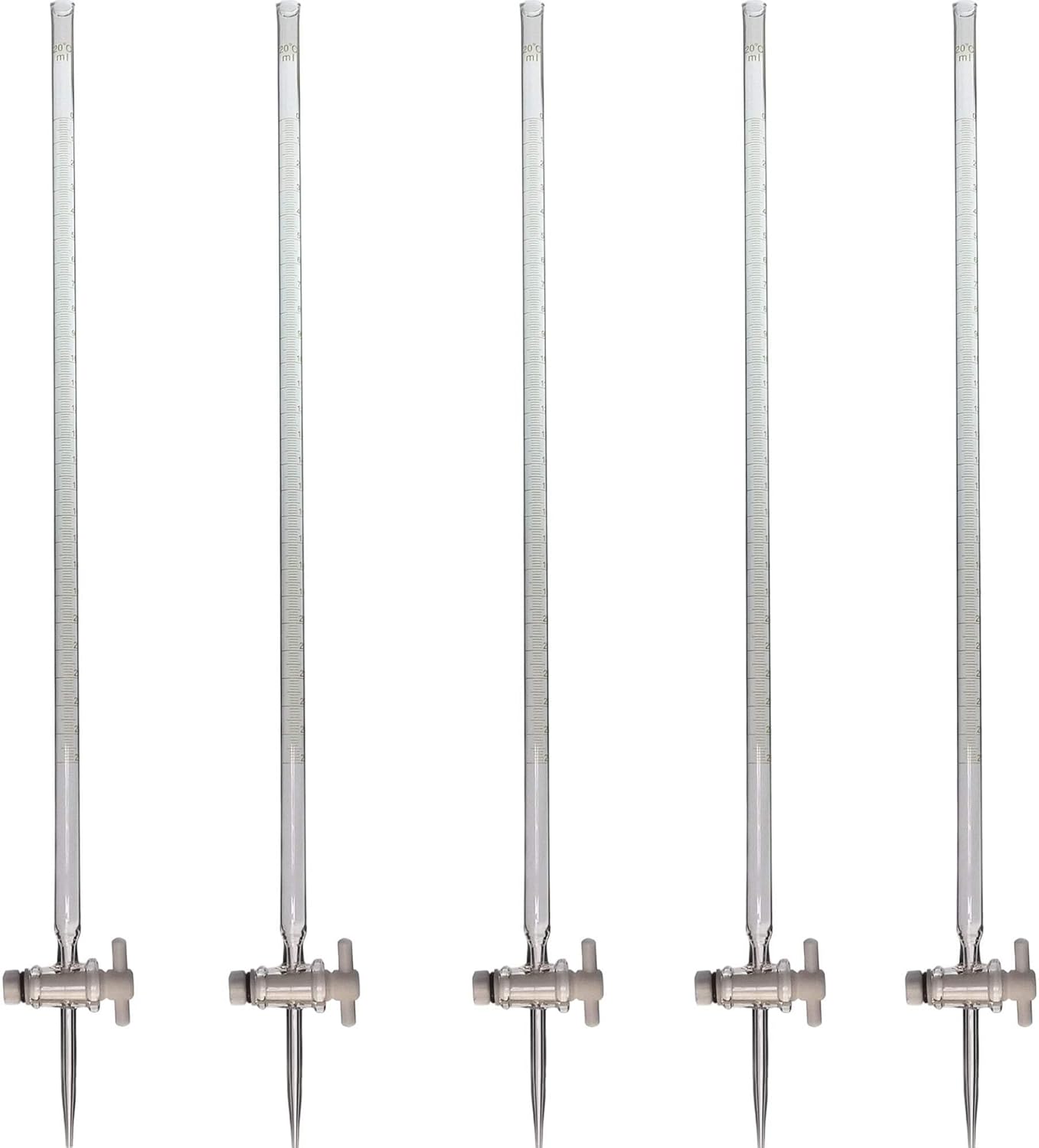 9280-1-5 Burette 25 mL – Pack of 5 Class A Borosilicate Glass Burettes with PTFE Stopcock and 0.1 mL Graduations for Chemistry Labs