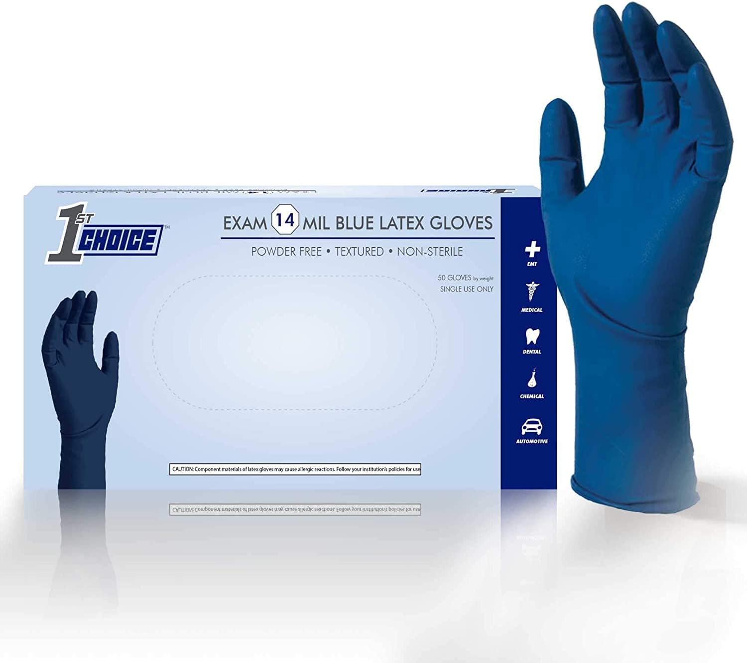 1st Choice Exam 14 Mil Blue Latex Gloves, Powder Free, Textured, Disposable, Non-Sterile, Size X-Large, Box of 50, 1EBLXLBX