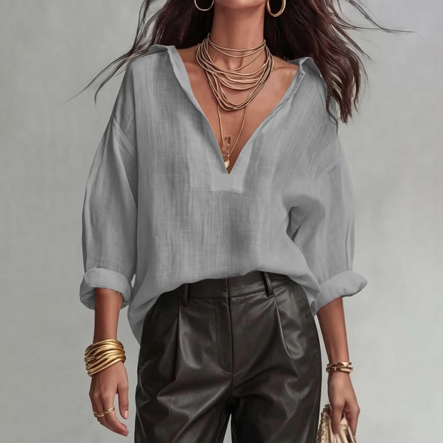 Women's Shirt V Neck Long Sleeve Gauze Oversized | Women's Long Sleeve Shirts Dressy Casual Loose Oversized V Neck Gauze Tops Fall Basic Tee Blouse Clothes