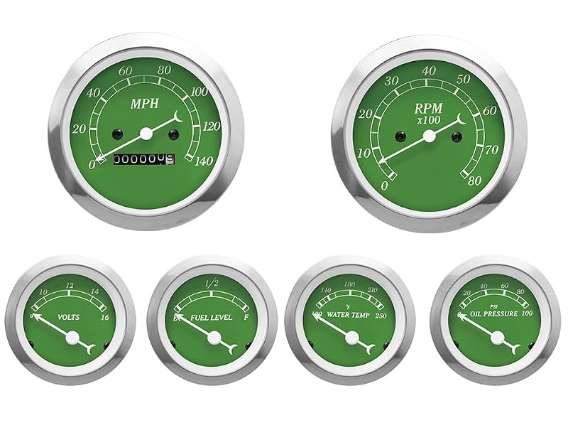 Conjunto de 6 instrumentos automotivos MOTOR METER RACING mecânicos com mostrador verde e ponteiro branco