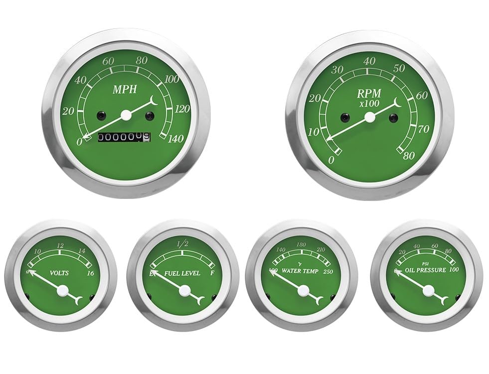 Image of Classic Mechanical 6 Gauge Set Green Dial White Needle | Speedometer Cable Signal, 85mm, 3-3 /8 inch, 52mm, 2-1 /16 inch, Speedometer Analog Odometer, Light Bulb Illumination, Car, Automobile