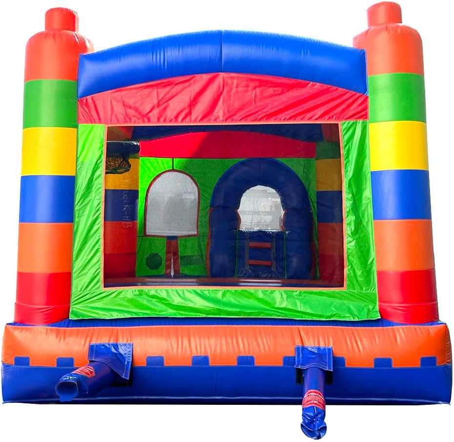 Crossover Inflatable Bounce House with Slide with Blower 18 x 12 x 14.5 Foot Building Block Bouncy House Combo Waterslide with Basketball Hoop, Water Misting System, Stakes and Storage Bag