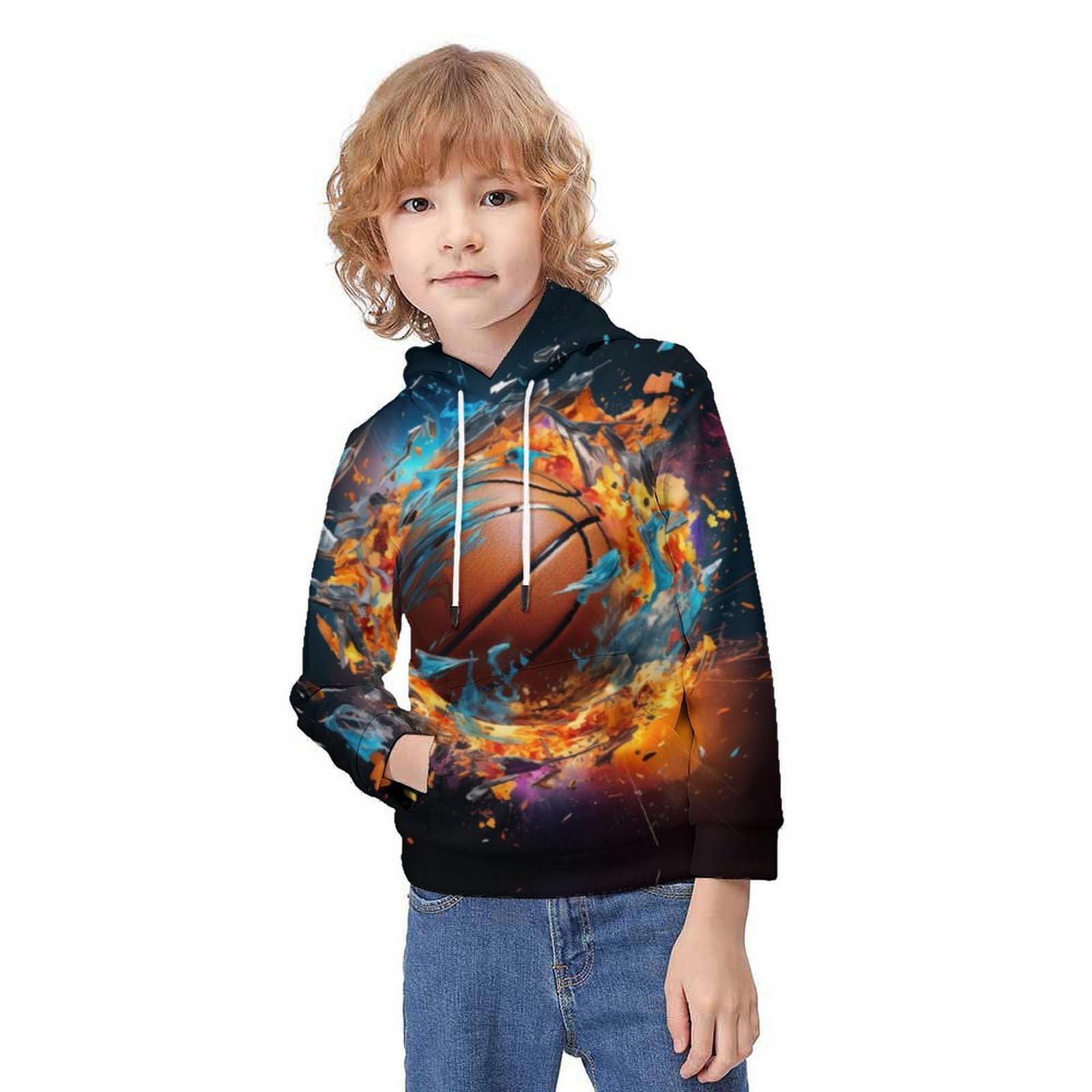Baloncesto Sudaderas con Capucha para Niño Y Niña 3D Hoodie Impresión Sueltos Jerséis Sudadera Ligera Sudadera con Cordón Y Bolsillos 6-15 Años
