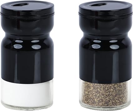Glass & Metal Salt and Pepper Shakers, Adjustable Lid, 4 oz Spice Jars, Set of 2, Black Farmhouse Kitchen Decor