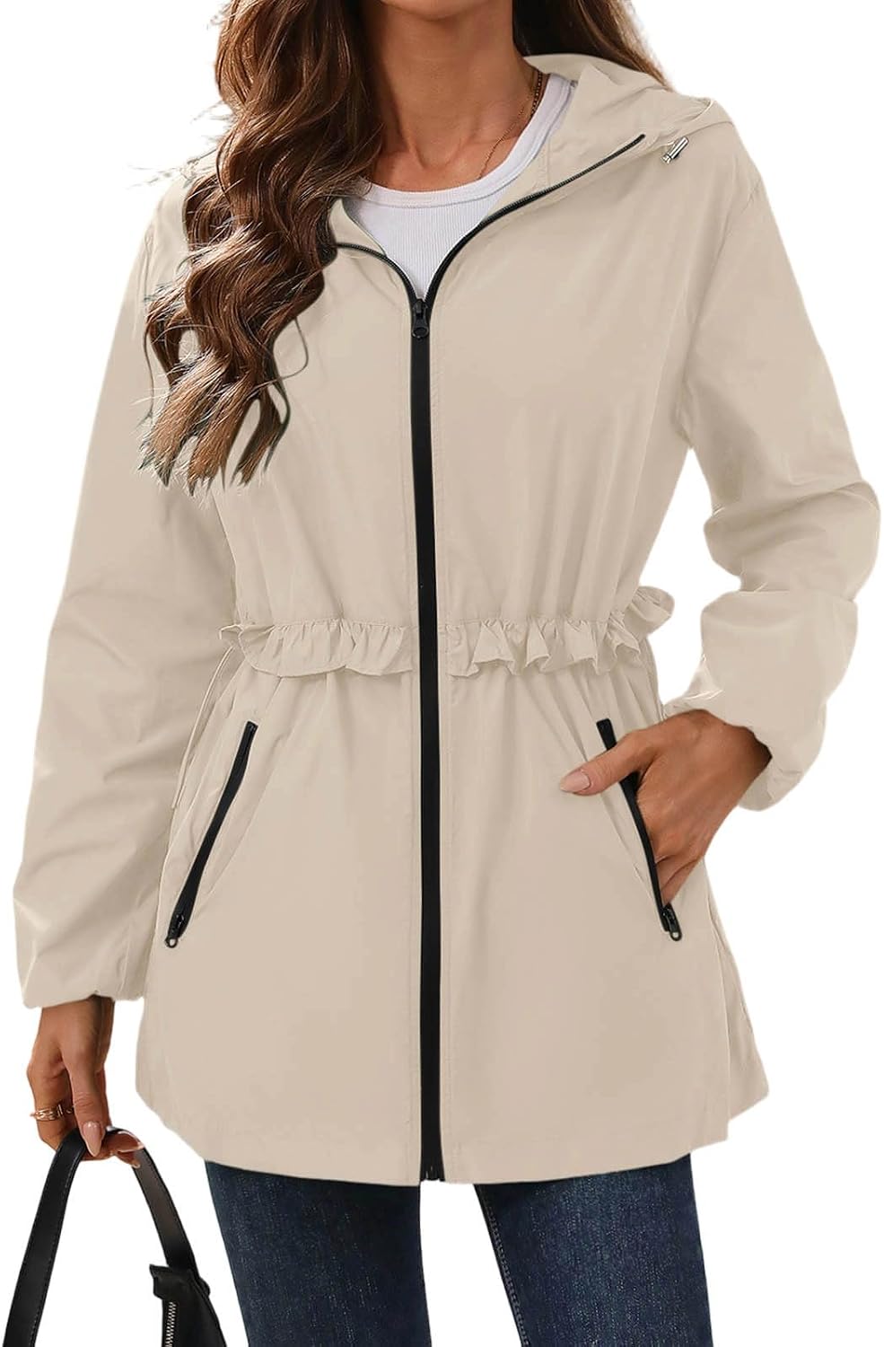 Womens Hooded Raincoat Jacket Zip Up Drawstring Waist Long Sleeve Waterproof Coat Fall Winter Outdoor Travel Tops