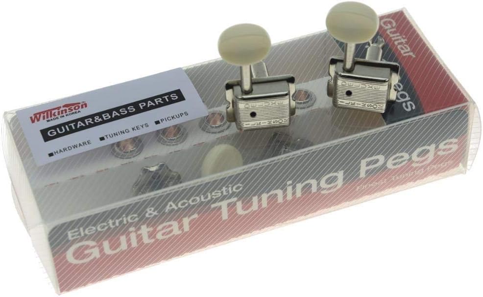 Wilkinson Deluxe 6 Inline Vintage Guitar Tuners with Split Shaft Guitar Tuning Pegs Machine Heads for Strat Tele Guitars Nickel with Ivory Buttons