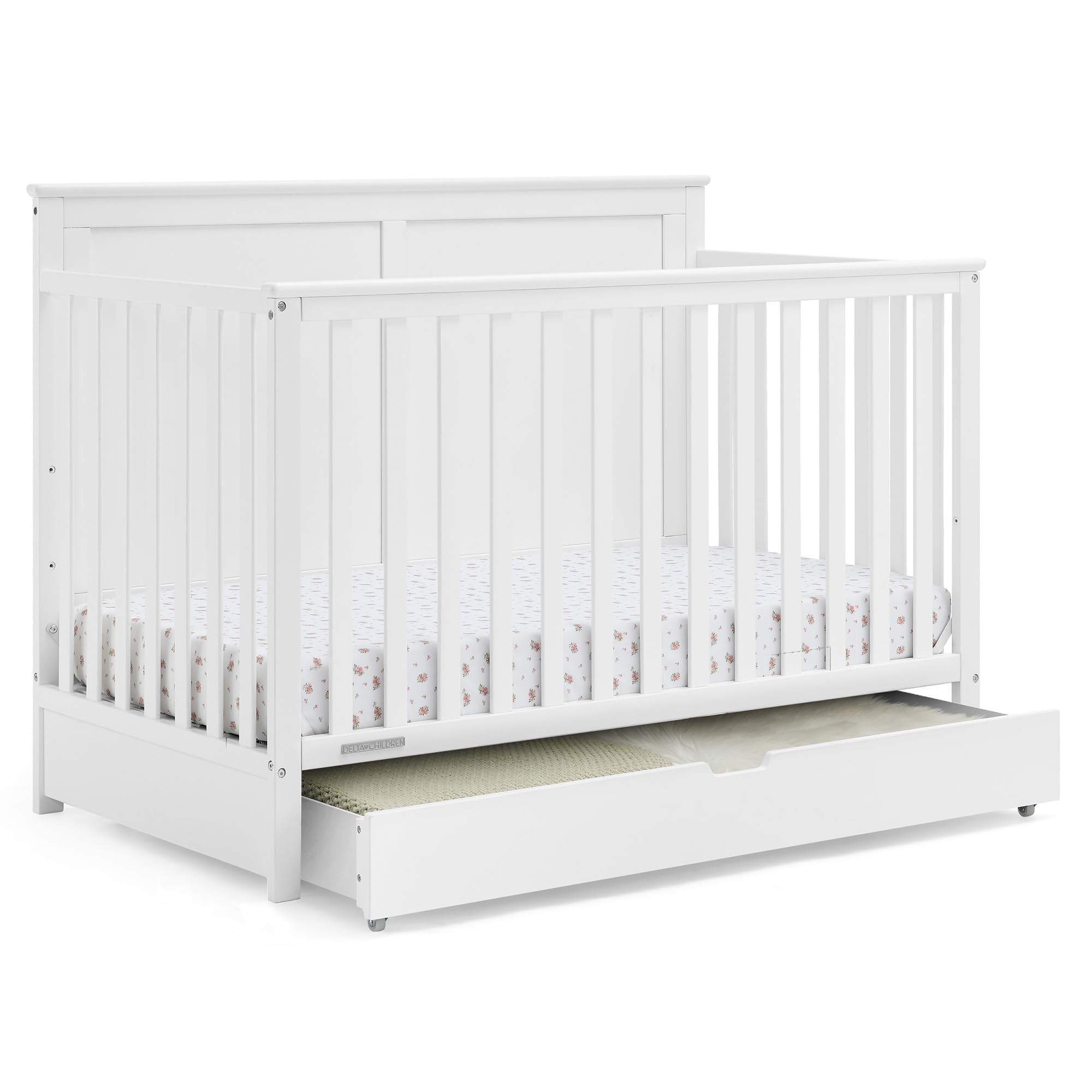 Simmons Kids Logan 6-in-1 Convertible Crib with Underdrawer - Greenguard Gold Certified, Bianca White
