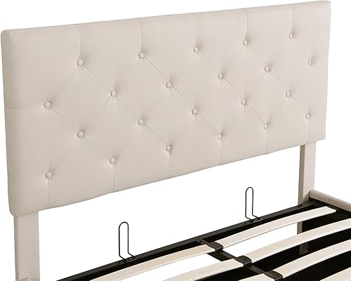 Miniatura 8 de Cama de almacenamiento elevable, tamaño matrimonial, con plataforma tapizada de lino, moderna base de cama matrimonial con botones copetudos con