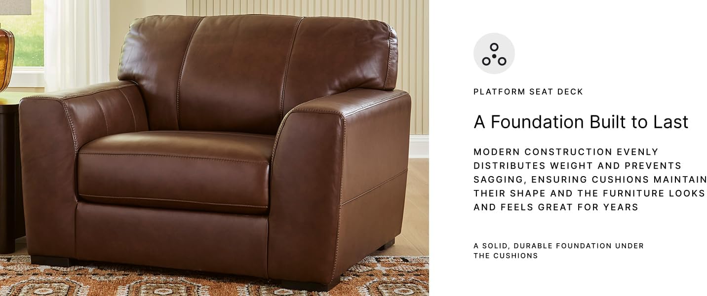 Signature Design by Ashley Creazzo Oversized Brown Leather Accent Chair | Fully assembled 54 in wide armchair in Canyon brown, 250 lbs capacity top-grain leather seating, Durable matched sides