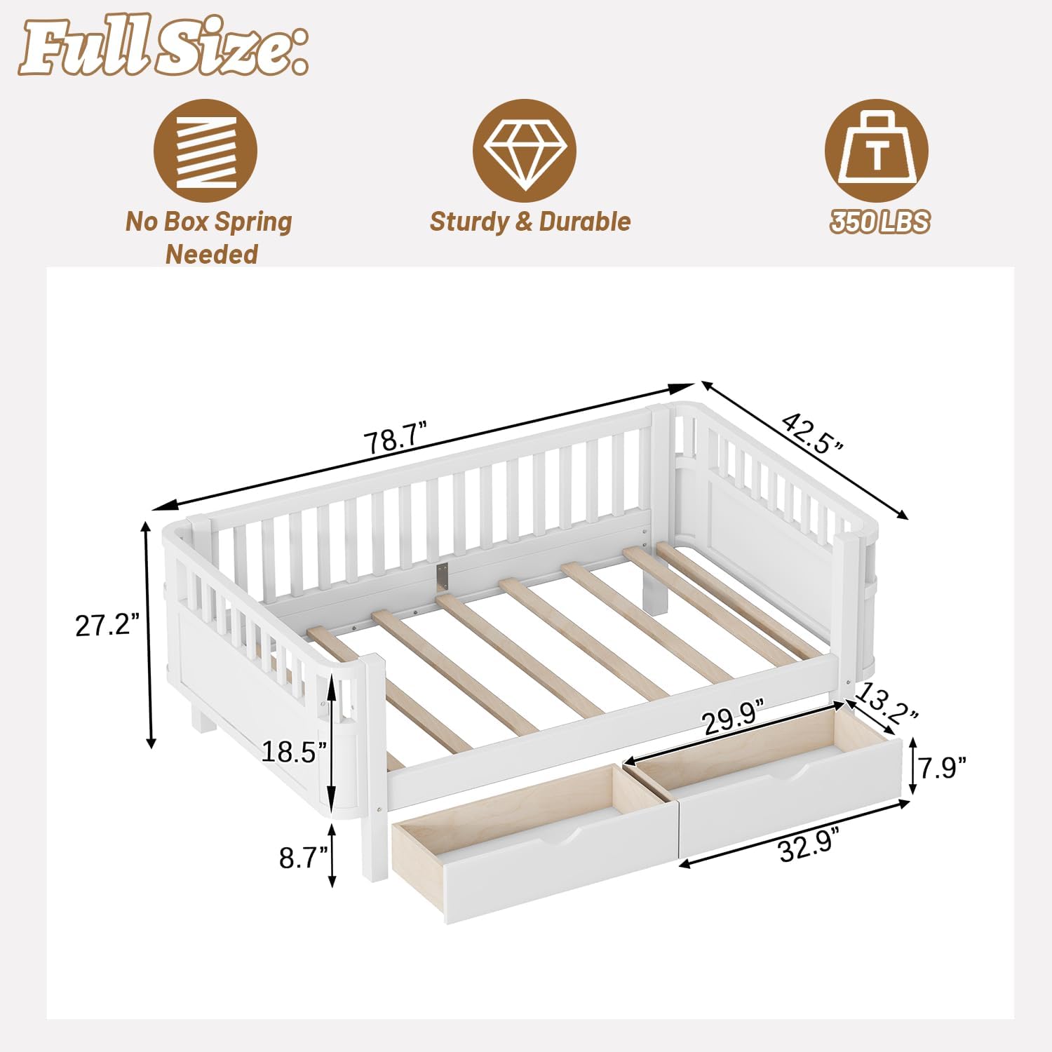Full Size Kids Bed Frame, Low Profile Montessori Bed Full with Rails, Wood Daybed with Storage Drawer for Girls & Boys, No Spring Box Required, No Squeaks, White