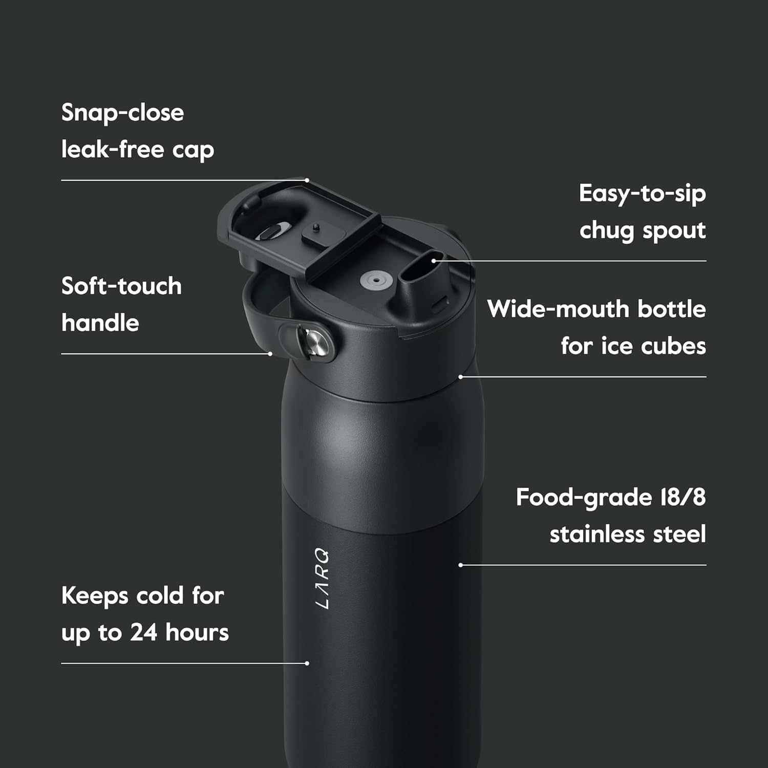 LARQ Bottle Swig Top 23oz - Insulated Stainless Steel Water Bottle With Built-In Silicone Handle | BPA Free | Reusable Water Bottle for Sports, Gym, and Travel, Obsidian Black - Image 3