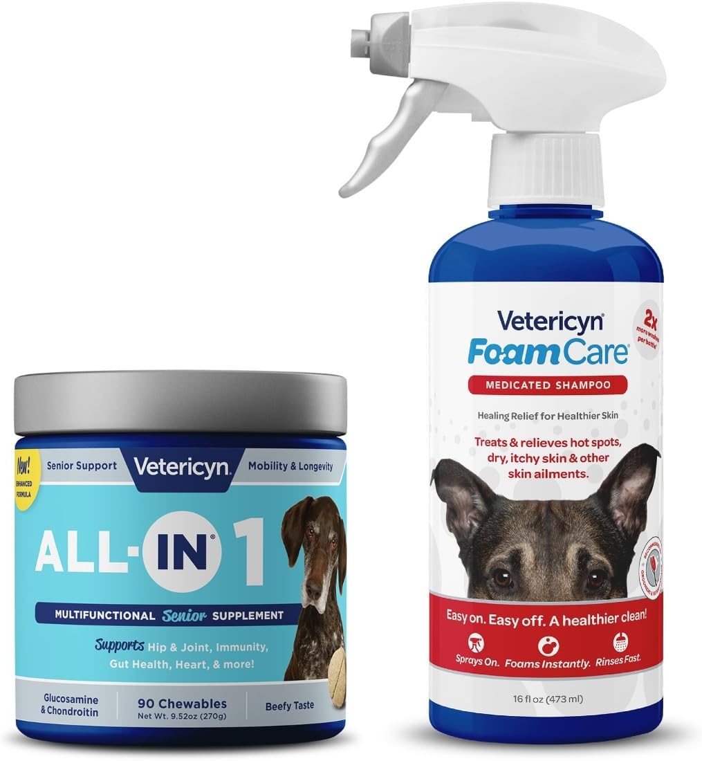 Vetericyn All-in 1 Multifunctional Senior Dog Supplement with Glucosamine and FoamCare Spray-On Medicated Dog Shampoo