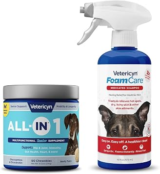 Vetericyn All-in 1 Multifunctional Senior Dog Supplement with Glucosamine and FoamCare Spray-On Medicated Dog Shampoo