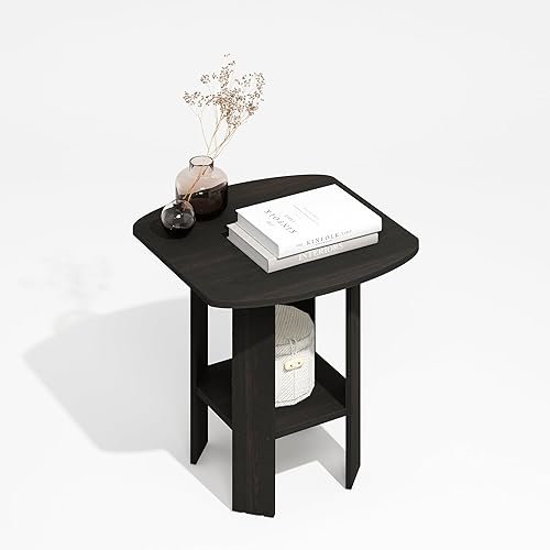 Furinno Mesa auxiliar moderna, mesa auxiliar cuadrada redonda con estante de almacenamiento, mesita de noche, mesita de noche, para sala de estar,