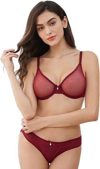 Sheer Bra and Panty Sets for Women, See Through Mesh Underwire Bras Briefs Lace Lingerie Set 2 Piece