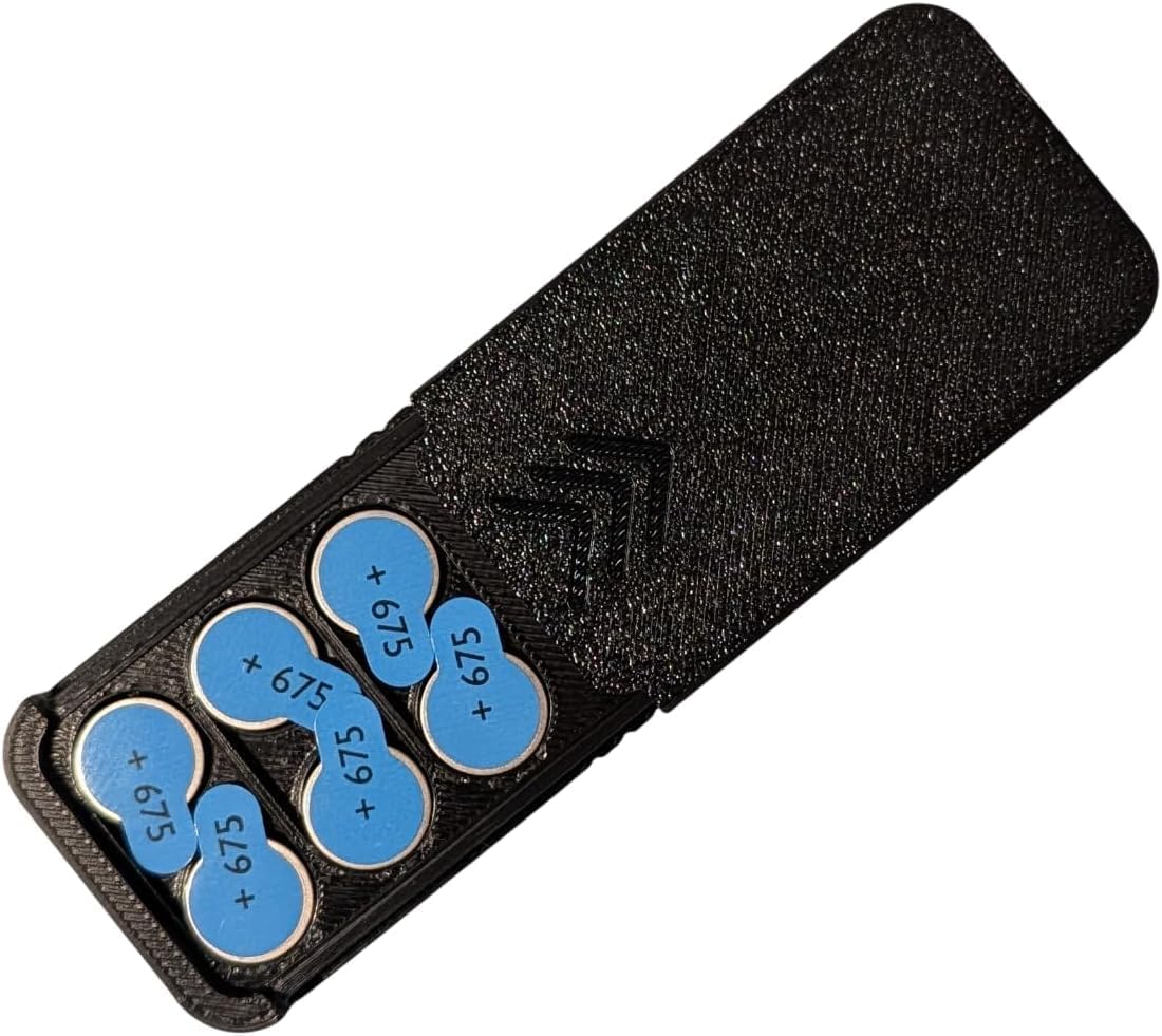Size 675 Hearing Aid Battery Storage Case, Black, Stores 6X | MADE IN USA, Fits 675 357 SR44W LR44 303 AG13 A76, Pocket-Size & Portable