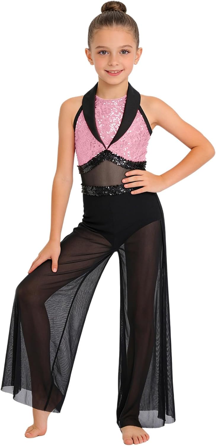 Loyan Teen Girls Pageant Romper Leotards Latin Jazz Dance Jumpsuit Sequins Bell-Bottoms Bodysuit Wide Leg Pants
