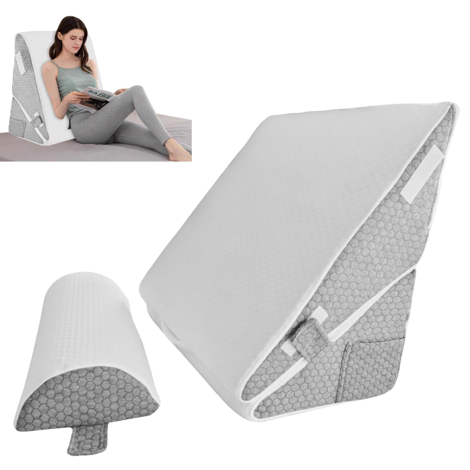Set di 2 cuscini a cuneo, in memory foam, rimovibili, inclinabili, con poggiatesta per sollevamento gambe, supporto schiena, reflusso acido, russare, post-chirurgia, lettura (grigio)