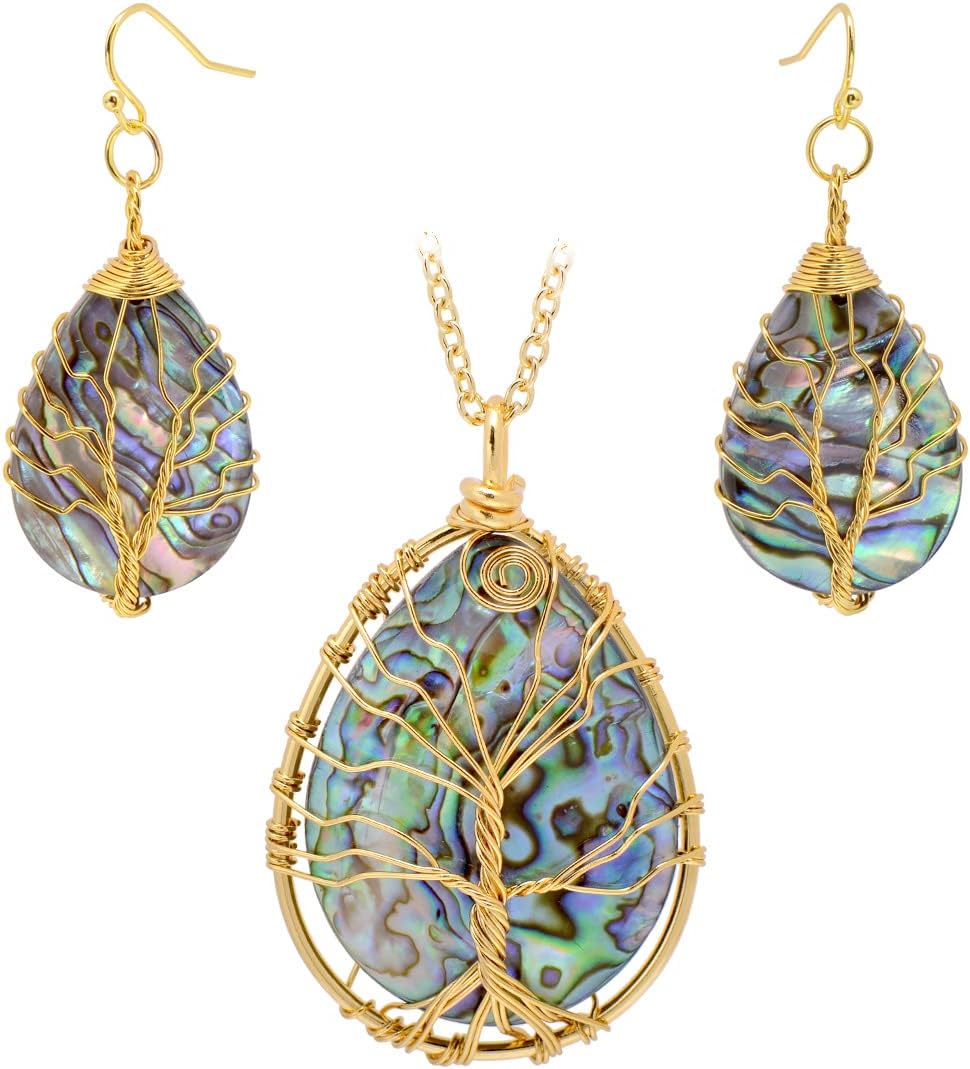 Hand Wired Tree of Life Sea Abalone Shell Jewelry Set Drop Earrings & Pendant Necklace