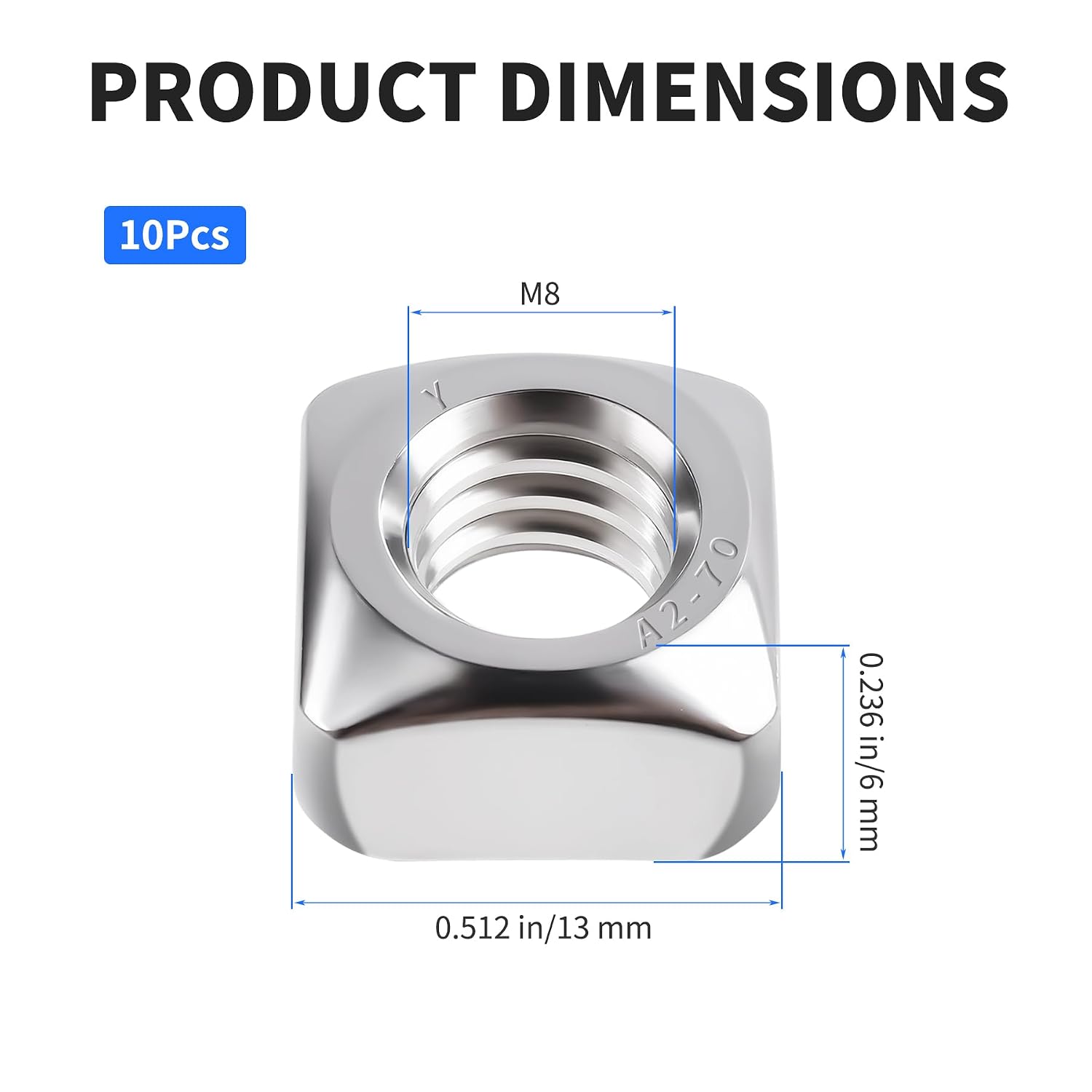 10 Pcs Square Nuts, M8 Thread, 13mm Side x 6mm Thick