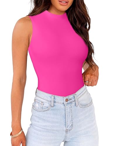WAYMAKER Mock Neck Bodysuits for Women Sleeveless Basic Tank Top Body Suit Shirts - Hot Pink - Large
