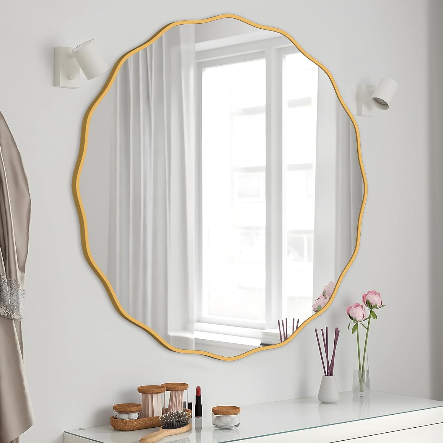 Wavy Round Mirror for Wall Decorative Modern Wavy Mirror Whit Wood Frame Circle Wall Mirror for Bathroom Bedroom Living Room Home House Office Entryway Gold