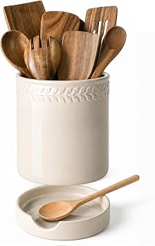DOWAN 6.7 Ceramic Utensil Holder with Drain Tray for Wooden Spoons, Beige
