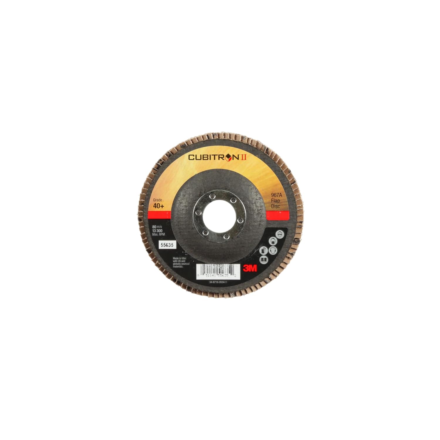 3M Cubitron II Flap Disc 967A, 40+, T27, 4-1/2 in x 7/8 in, Giant, Pack of 10, Medium Pressure Applications, Light Deburring, Scale Removal, Oxide Removal, Surface Prep