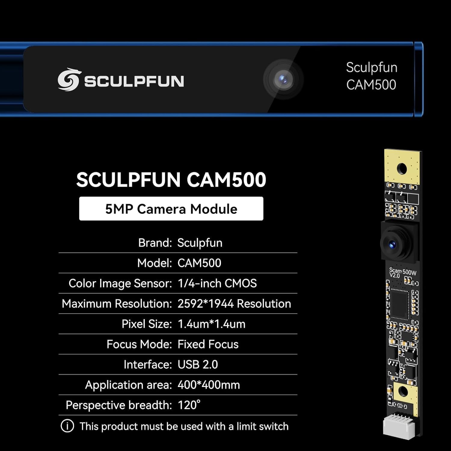 Detailed technical specifications of the SCULPFUN CAM500 camera module, including sensor type, resolution, and interface.