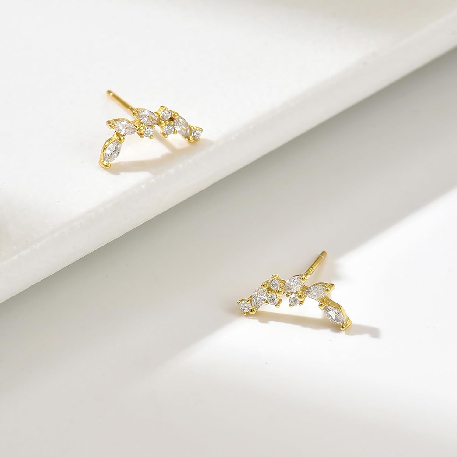 925 Sterling Silver Leaf Ear Crawler Earrings for Women 14k Gold Plated Marquise Cut Cubic Zirconia Climber Stud Earring Hypoallergenic Leaves Earring Jewelry Gifts for Brides Bridesmaid