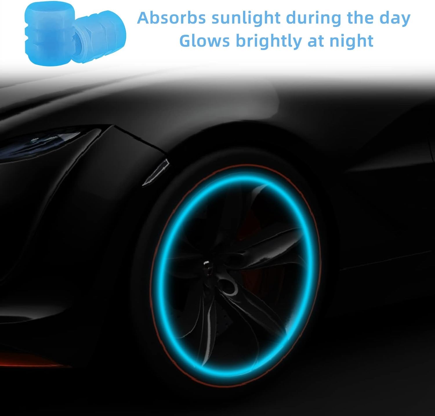 Lonimia 24 PCS Universal Fluorescent Car Tire Valve Caps, ABS & Rubber, Blue, Fashion Luminous Tyre Caps for General Cars SUV Motorbike Trucks Bicycle Decoration