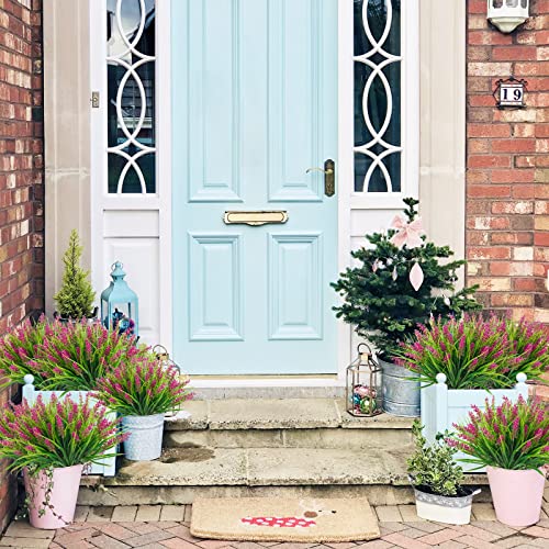 Obbsie 12 Bundles Artificial Plants Outdoor, 18.2" Uv Resistant Faux Monkey Grass Greenery Stems No Fade Faux Plastic Flowers Shrubs For Home Weddings Garden Porch Front Patio Office Decor - Rose Red #TOP2