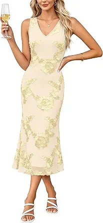 OFEEFAN Summer Wedding Guest Dresses for Women V Neck Sleeveless Floral Bodycon Midi Formal Party Dress