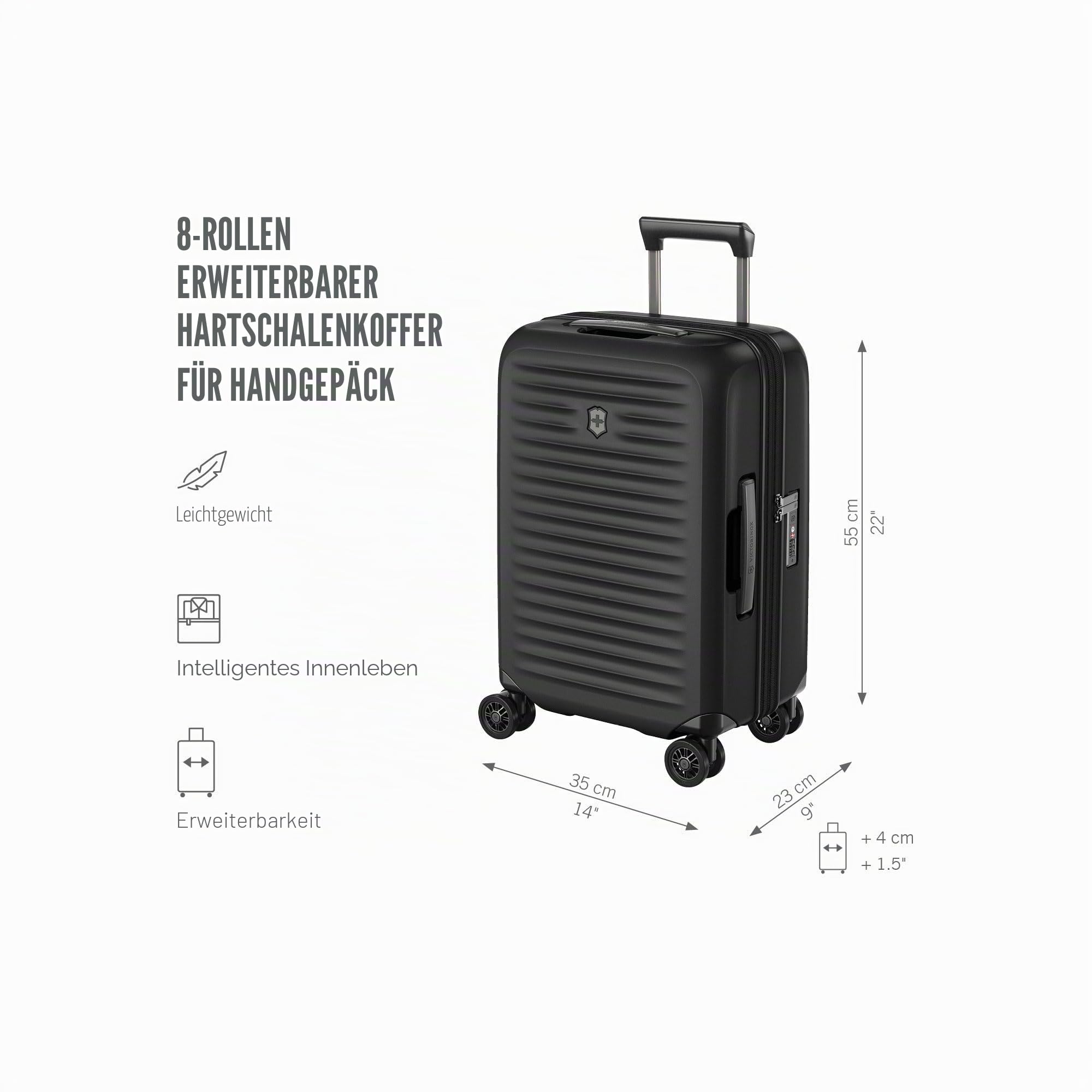 Victorinox Airox Advanced Frequent Flyer Hardside Carry-On, Handgepäcktrolley, Leicht, Damen/Herren, 35 x 23 x 55 cm, 37 l, Erweiterbar, Schwarz