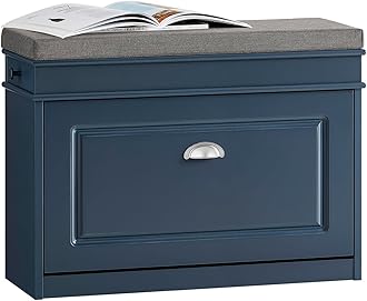 SoBuy Shoe Storage Bench with Seat Cushion - Narrow Shoe Cabinet with Flip Drawer, 2-Tier Rack, 150kg Load - Compact Hallway Storage Unit for Small Spaces Blue FSR82-L-B