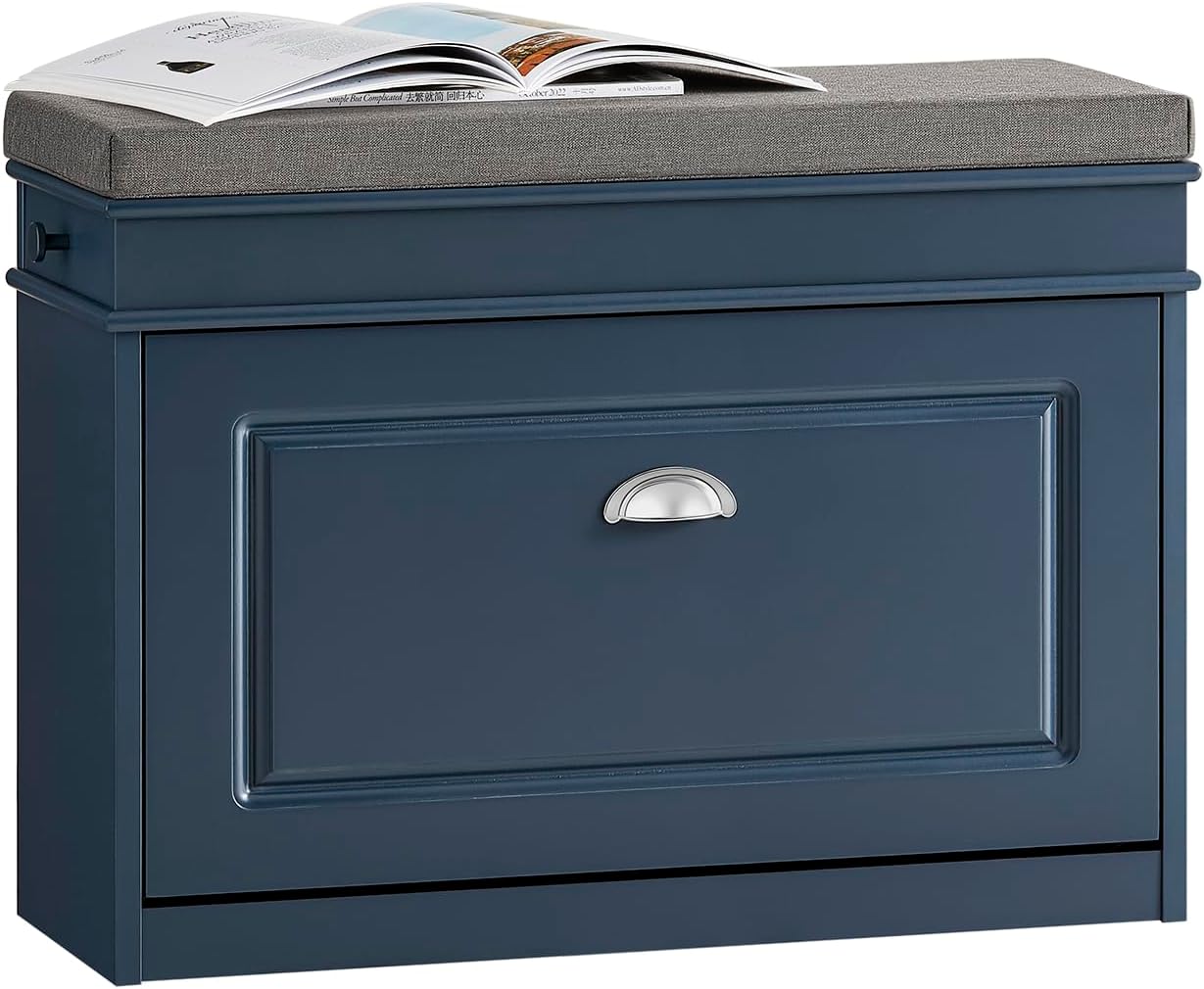 SoBuy Shoe Storage Bench with Seat Cushion - Narrow Shoe Cabinet with Flip Drawer, 2-Tier Rack, 150kg Load - Compact Hallway Storage Unit for Small Spaces Blue FSR82-L-B