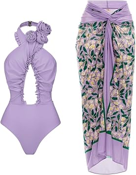 HMLTD Retro One Piece Swimsuit,High Cut One Piece Swimsuit | Floral Beach Dress Retro Tummy Control Swimsuit Set Backless Sleeveless for Pool, purple