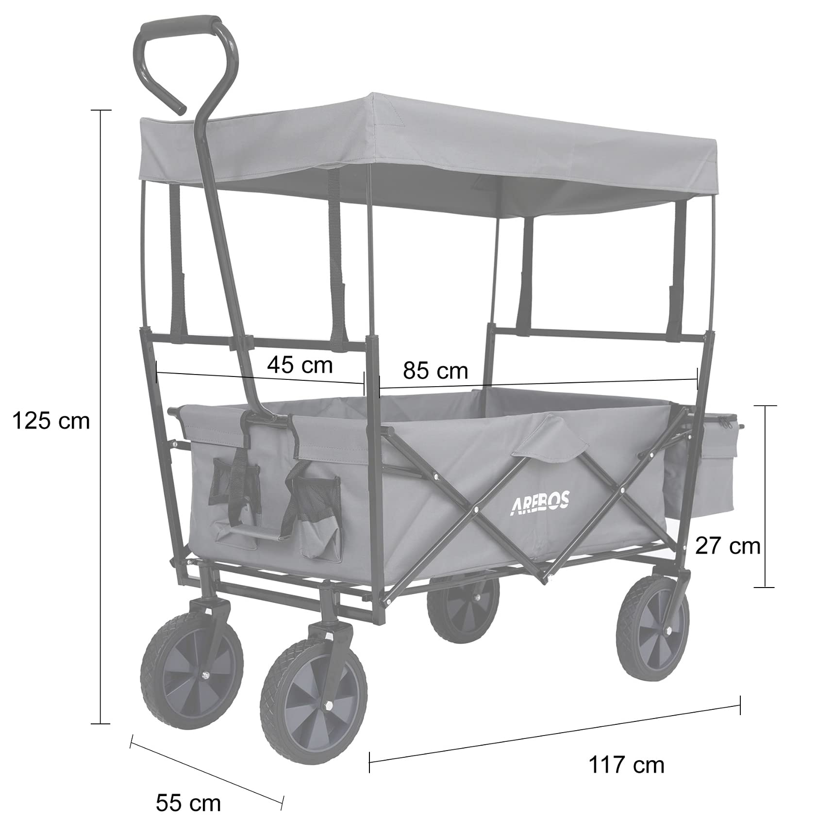 Arebos Bollerwagen faltbar mit Dach | Handwagen | Transportwagen | Faltwagen | Gerätewagen inkl. 2 Netztaschen und Einer Außentasche | faltbar | bis 70 kg Tragkraft | 360° Vollgummireifen | Grau