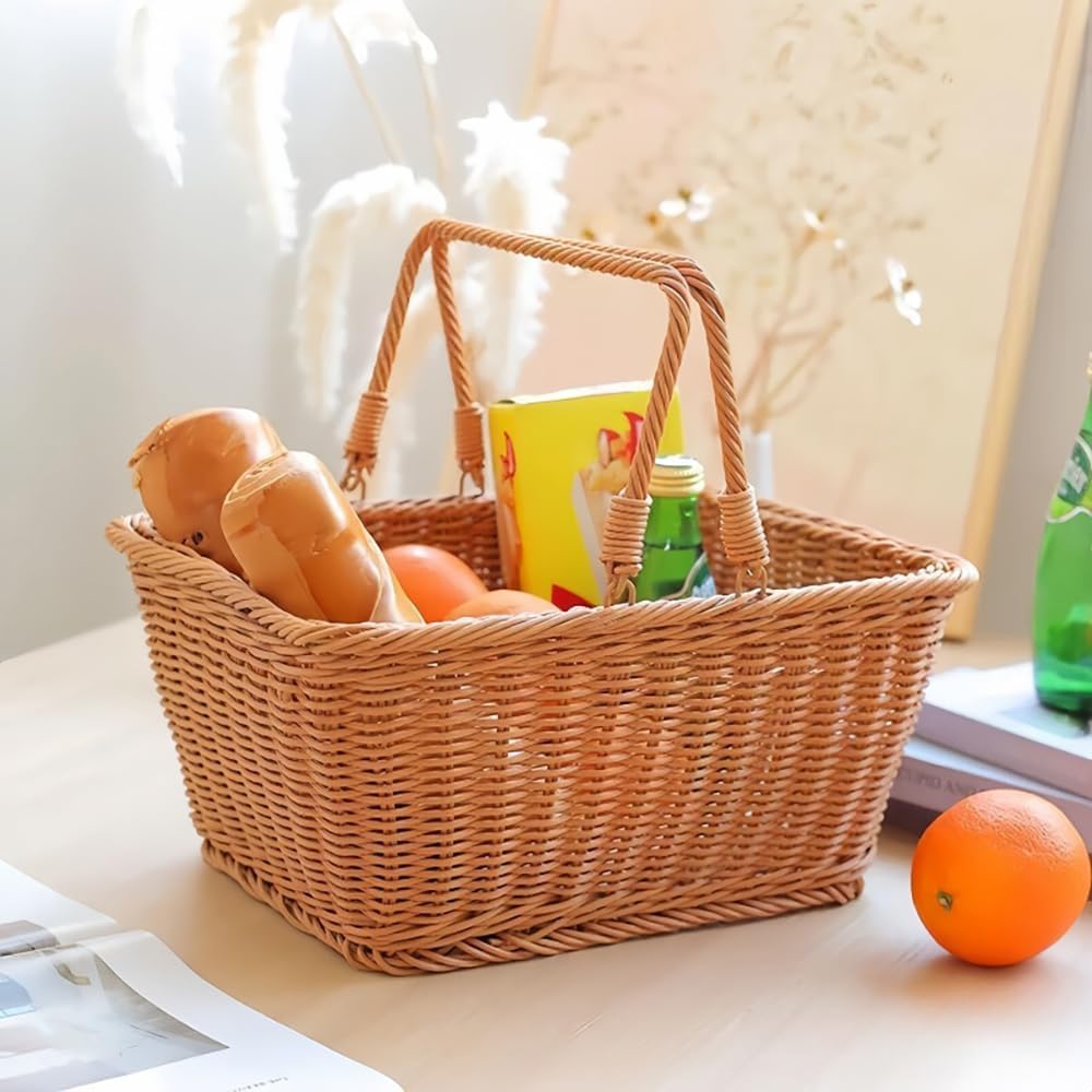 Wicker Picnic Basket with Handle, Easter Baskets Large, Handmade Basket with Handle, Reusable Handwoven Baskets for Easter Picnics Shopping Storage Harvesting (Large, Rectangle)
