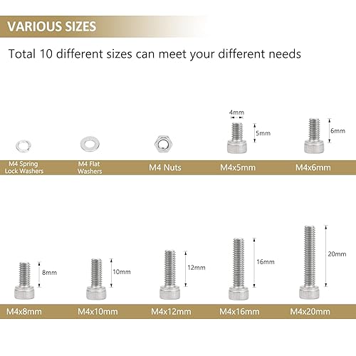 Miniatura 3 de 382 piezas M4 x 56 810 1216 0.787 in, tornillos de cabeza hexagonal, tuercas y arandelas, kit surtido de tornillos de acero inoxidable 304, rosca
